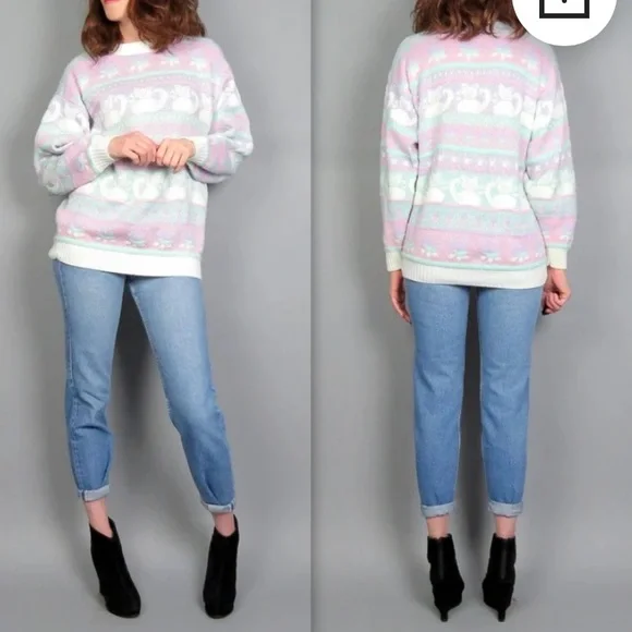 Vintage 80s Sparkle Cat Fairy Kei Sweater Pastel Pink Purple Kitty Kitten Kawaii - Picture 7 of 7